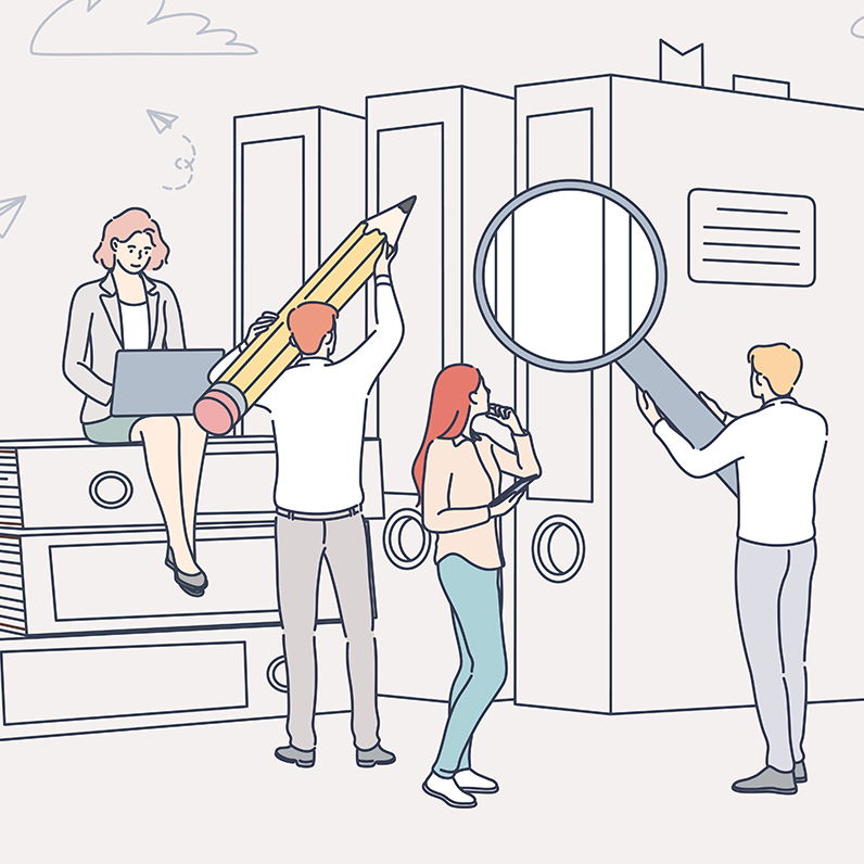 healthcare resources cartoon people with giant filing folders